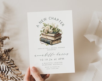 A New Chapter Bridal Shower Invitation, Wedding Shower, Floral, Book Theme, Instant Download, Canva Template, Modern Minimalist, Calligraphy