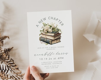 Peut inclure: Une carte blanche avec un motif floral et le texte "A New Chapter" en noir. La carte est une invitation à une fête de mariage pour Annabelle Harris le 19 octobre à 16h00. Le lieu est un endroit magnifique à Melbourne, en Australie. RSVP à Kylie au 3555 1234 348.