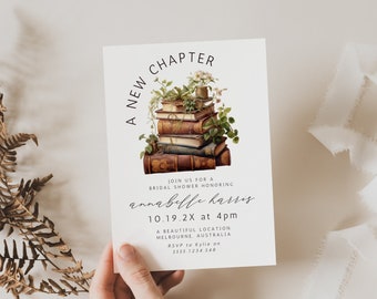 A New Chapter Bridal Shower Invitation, Wedding Shower, Floral, Book Theme, Instant Download, Canva Template, Modern Minimalist, Calligraphy