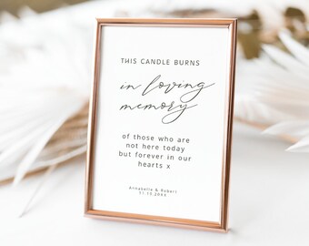 May include: A framed sign with a rose gold border. The sign reads "THIS CANDLE BURNS in loving memory of those who are not here today but forever in our hearts x". The names Annabelle & Robert and a date are at the bottom.