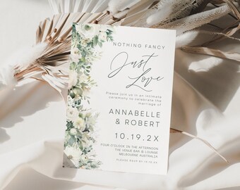 Nothing Fancy Just Love Floral Wedding Invitation, Intimate Ceremony, Instant Download, Canva Template, Modern Minimalist, Calligraphy PP206