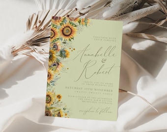 Plantilla de invitación de boda con girasoles, rústica, para boda de verano, floral, caligráfica, plantilla de Canva, editable, descarga instantánea, PPA2
