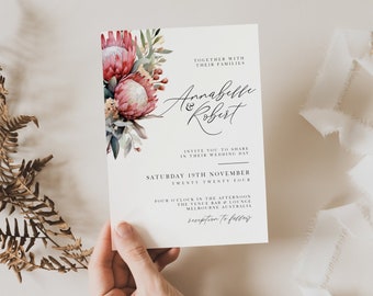 Protea Floral Wedding Invitations, Australian Natives, Modern Minimalist, Calligraphy, Canva Template, Editable, Instant Download, PP257