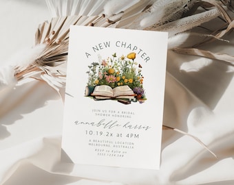 A New Chapter Bridal Shower Invitation, Wedding Shower, Floral, Book Theme, Instant Download, Canva Template, Modern Minimalist, Calligraphy