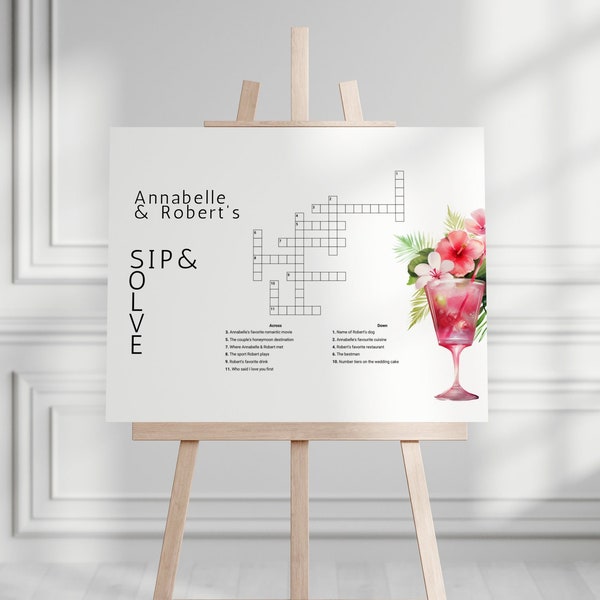 Personalized Sip And Solve Bridal Shower Crossword, Wedding Crossword, Shower Game, Reception Signage, Giant Crossword, Modern Minimalist