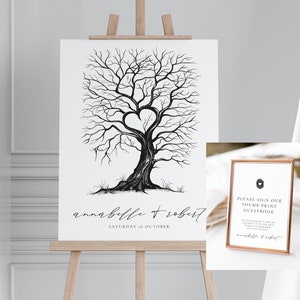 Wedding Guest Book Thumb Print Tree, Finger Print, Alternative Custom Sign, Editable, Modern Minimalist, Instant Download, Canva Template