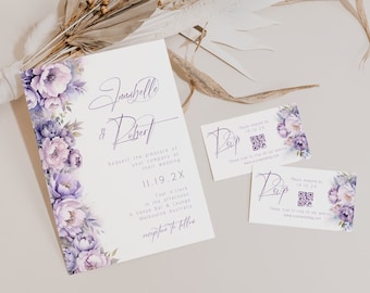 Lilac Wedding Bundle, Purple Lavender Invite, RSVP, QR Code, Floral, Script, Canva Template, Instant Download, PP299