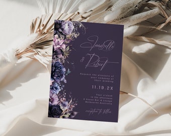 Dark Moody Floral Wedding Invitation, Gothic Wedding, Halloween Minimalist, Calligraphy, Canva Template, Editable, Instant Download, PP589