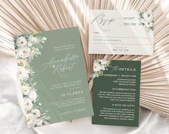 Floral Wedding Invitation Set Sage, RSVP, Details Card, Modern Minimalist, Invite Suite, Calligraphy, Canva Template, Instant Download PP206