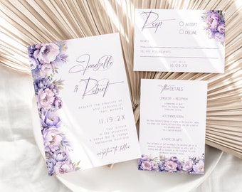 Lilac Wedding Invitation Bundle, Purple Lavender Invite, RSVP, Details Card, Floral, Script, Canva Template, Instant Download, PP299