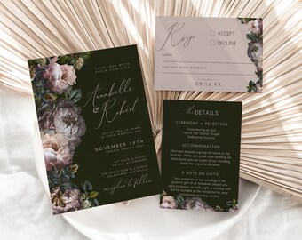 Dark Moody Floral Invite Suite, Template Canva, Boho Modern, RSVP, Details Card, Invite Set, Calligraphy, Canva Template, Editable PP1DM