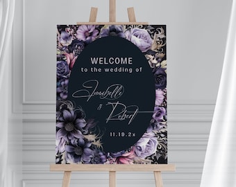 Gothic Wedding Welcome Sign, Purple And Black, Dark And Moody Floral, Halloween Wedding, Instant Download, Canva Template, PP589