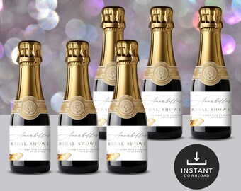 Mini Champagne Labels Bridal Shower, Butterfly Theme, Gold Butterflies, Canva Template, Elegant, Instant Download, Calligraphy, PPA230