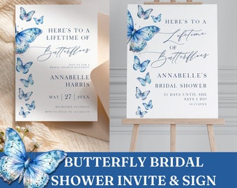 Skylt och inbjudan till möhippa med fjärilstema "Lifetime Of Butterflies", paket, fjärilstema, blått, redigerbar direktnedladdning, Canva-mall PPA231