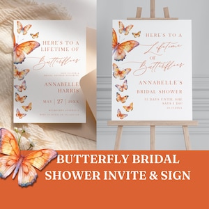 Signe et invitation pour la douche nuptiale Lifetime of Butterfly, lot, thème papillon, orange, modifiable en téléchargement immédiat, modèle Canva PPA235