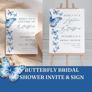 Lifetime Of Butterflies Bridal Shower Sign And Invite, Bundle, Butterfly Theme, Blue, Editable Instant Download, Canva Template PPA231