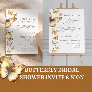 Lifetime Of Butterflies Invite And Welcome Sign, Bundle, Butterfly Theme, Gold Butterfly, Editable, Instant Download, Canva Template PPA230