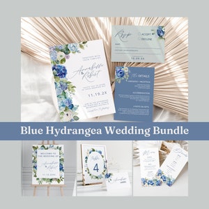 Blue Hydrangea Wedding Bundle, RSVP, Details Card, Menu, Welcome Sign, Blue Floral, Calligraphy, Canva Template, Instant Download, PP238