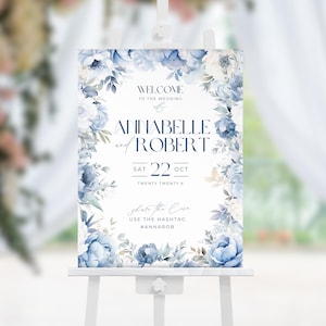 Welcome to Our Wedding Sign, Dusty Blue Floral, Editable Template, Large Wedding Signage, Canva Template PP298