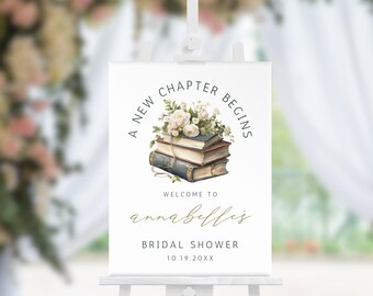 Ett nytt kapitel börjar - Möhippa-skylt, välkomstskylt med boktema, babyshower, Canva-mall, direktnedladdning, kalligrafi
