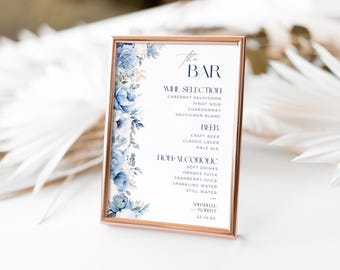 Menù da bar blu polveroso per matrimonio floreale, cartello per bevande, cartello per ricevimento, addio al nubilato e baby shower, moderno e minimalista, modello Canva PP298