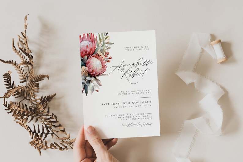 Protea Floral Wedding Invitations, Australian Natives, Modern Minimalist, Calligraphy, Canva Template, Editable, Instant Download, PP257 image 1