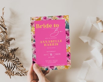 Hot Pink And Orange Bridal Shower Invitation, Bride To Be, Floral, Wildflower, Canva Template, Editable, Instant Download