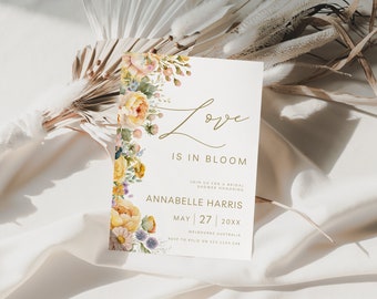 Love Is In Bloom Bridal Shower Invite Instant Download, Invitation, Spring Floral, Canva Template, Modern Minimalist, Calligraphy, PPA3