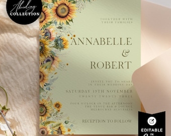 Plantilla de invitación de boda con girasoles, rústica, para boda de verano, floral, con serifa, plantilla de Canva, editable, descarga instantánea, PPA2