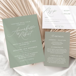 Minimal Wedding Invitation Set Sage, RSVP, Details Card, Modern Minimalist, Invite Suite, Calligraphy, Canva Template, Instant Download, PP5