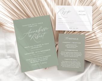 Minimal Wedding Invitation Set Sage, RSVP, Details Card, Modern Minimalist, Invite Suite, Calligraphy, Canva Template, Instant Download, PP5