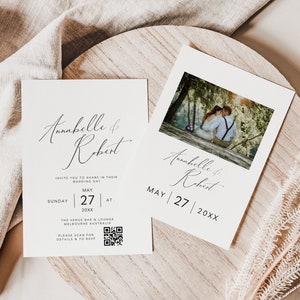 Pode incluir: Um convite de casamento com uma foto do casal em um cenário de floresta. O convite inclui os nomes "Annabelle & Robert", a data "May 27, 20XX" e um código QR.