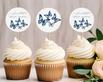 Butterfly Theme Cupcake Toppers, Bridal Shower, Baby Shower, Blue and Gold, Canva Template, Elegant, Instant Download, Calligraphy, PPA11
