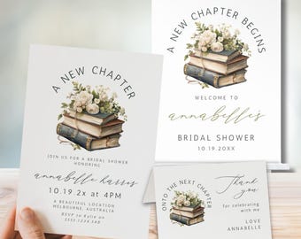 Inbjudan till möhippa "A New Chapter", välkomstskylt, tackkort, blommigt, boktema, direktnedladdning, Canva-mall, minimalistisk