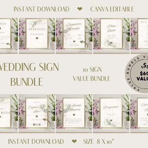 EDITABLE Wedding Signs Bundle Printable | Canva Template |  Printable Wedding Signs | Minimalist | Bar Menu | Signature Drink Wild Flowers