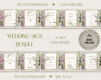 Paquete de letreros de boda editables e imprimibles / Plantilla de Canva / Letreros de boda imprimibles / Minimalista / Menú de bar / Bebida de autor con flores silvestres