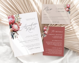 Protea Floral Wedding Invitations Suite, Bundle, Australian Natives, Modern, Calligraphy, Canva Template, Editable, Instant Download, PP257