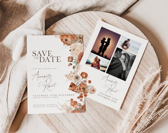 May include: Save the date card with floral design and a collage of photos of a couple. The text reads "Save the Date for the wedding of Amabelle & Robert, Saturday 19th November, Twenty Twenty Three, Melbourne Australia, Invitation to follow."