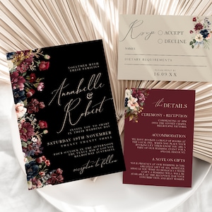 Suite di inviti di nozze neri e bordeaux, RSVP, scheda dettagli, monogramma, floreale, calligrafia, modello Canva, download istantaneo, PPA7