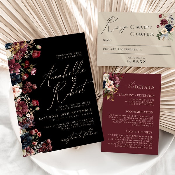 Black And Burgundy Wedding Invitations Suite, RSVP, Details Card, Monogram, Floral, Calligraphy, Canva Template, Instant Download, PPA7