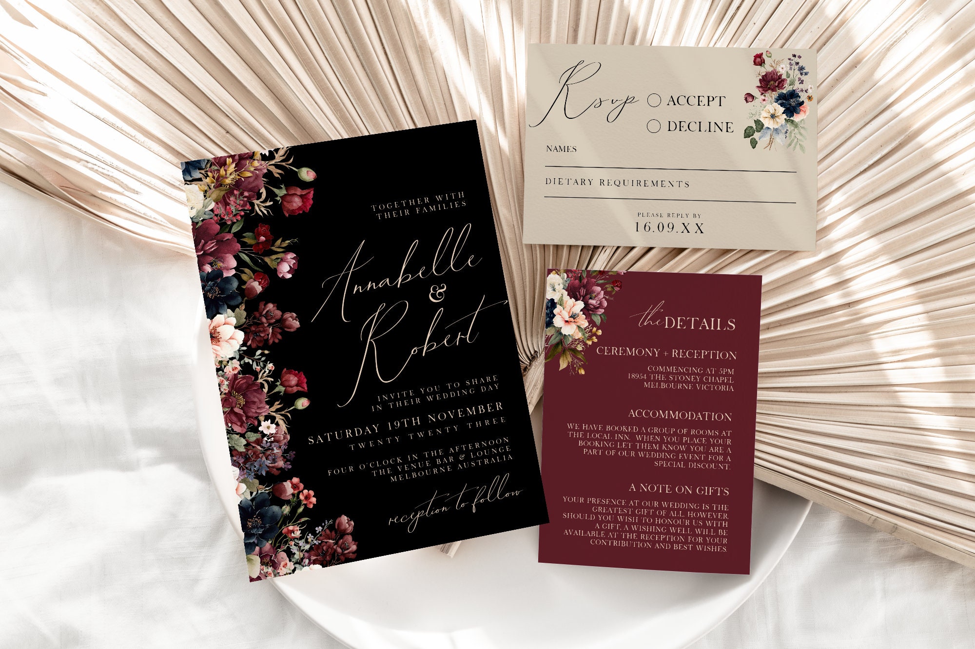 Black And Burgundy Wedding Invitations Suite, RSVP, Details Card, Monogram, Floral, Calligraphy, Canva Template, Instant Download, PPA7