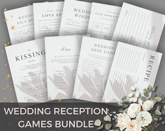 May include: A bundle of wedding reception games printed on white paper. The games include a kissing menu, wedding bingo, and a shoe game. The text "Wedding Reception Games Bundle" is at the bottom of the image.