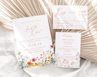 Wildblumen Hochzeitseinladung, Sommer, Boho, Antwortkarte, Garten, Floral, Script, Canva Vorlage, Sofort Download, PP998