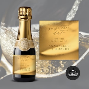 Save The Date Champagne Label, Wedding Wine Label, Gold, Custom, Canva Template, Elegant, Instant Download, Calligraphy