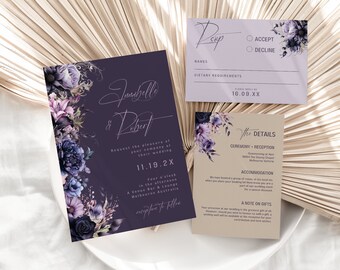 Dark Purple Wedding Invitation, Goth Wedding,RSVP, Details Card, Monogram, Floral, Script, Canva Template, Instant Download, PP589