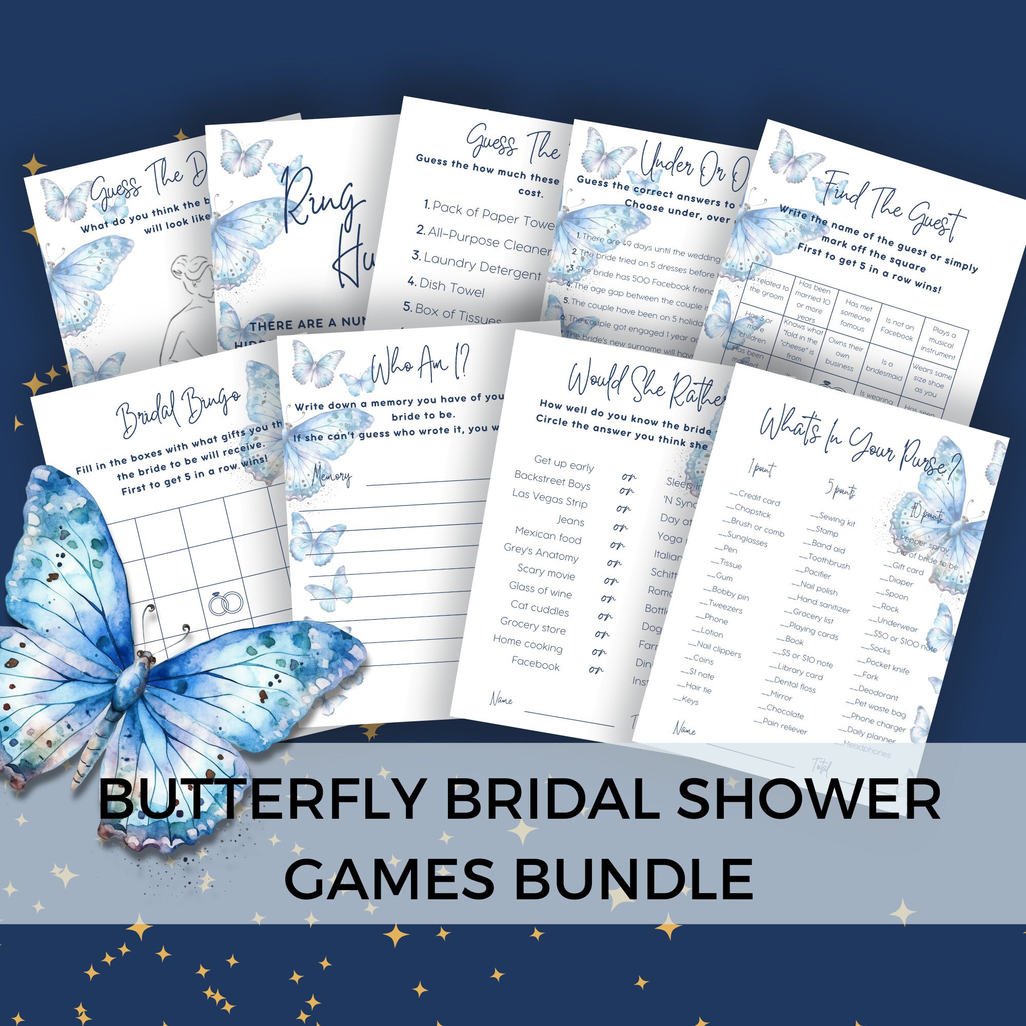 Butterfly Theme Bridal Shower Games, Downloadable, Bundle, Blue ...