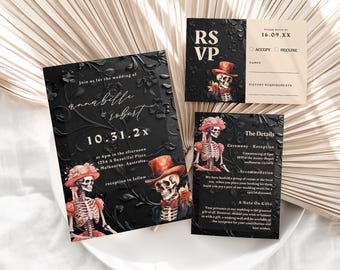 Invitaciones de Halloween, boda gótica, invitaciones de calavera, detalles y confirmación de asistencia, caligrafía, plantilla de Canva, descarga instantánea
