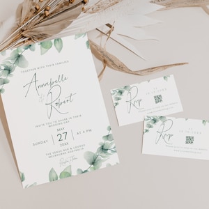 Wedding Invites With Qr Code Greenery, Eucalyptus Invitation, Modern Minimalist, Canva Template, Editable, Instant Download,  PPEL