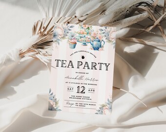 Tea Party Bridal Shower Evite, Floral, Pink Invite, Themed, Instant Download, Editable, Canva Template, Modern Minimalist,