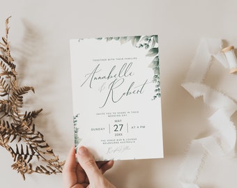 Wedding Invitations With Eucalyptus Leaves, Watercolor, Greenery, Canva Template, Editable, Instant Download,  PPE